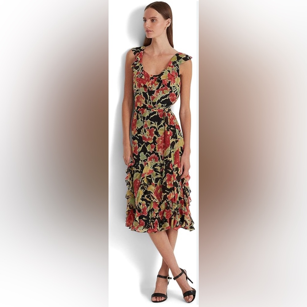 RALPH LAUREN Womens Black Tie Belt Sleeveless Scoop Neck Midi A-Line Dress 14